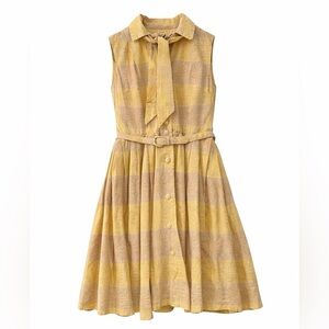 Vintage 1950s–60s Yellow Sheer Stripe Belted Dress | Bow Neck | Full Skirt